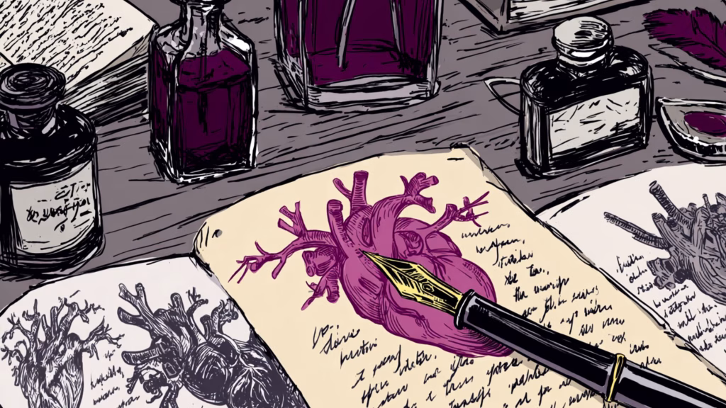Blog header for the Wound at the Heart of Serious Literature: illustration of a hand-drawn notebook with a heart, a fountain pen, and purple ink