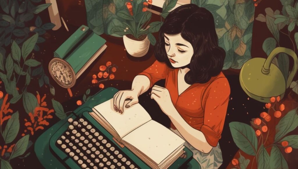 Ethics of AI Blog Header, woman writing book on top of reversed typewriter