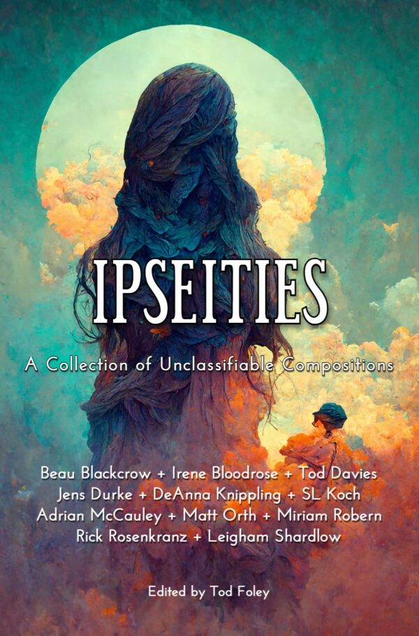 Front cover image for the Ipseities anthology, showing a haunting humanoid figure in front of a setting moon