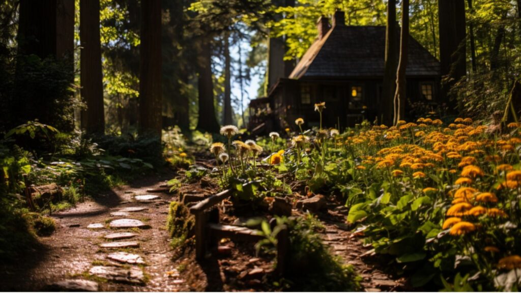 Blog header image for Safe Places article, showing a cottage in a forest surrounded by dandelions