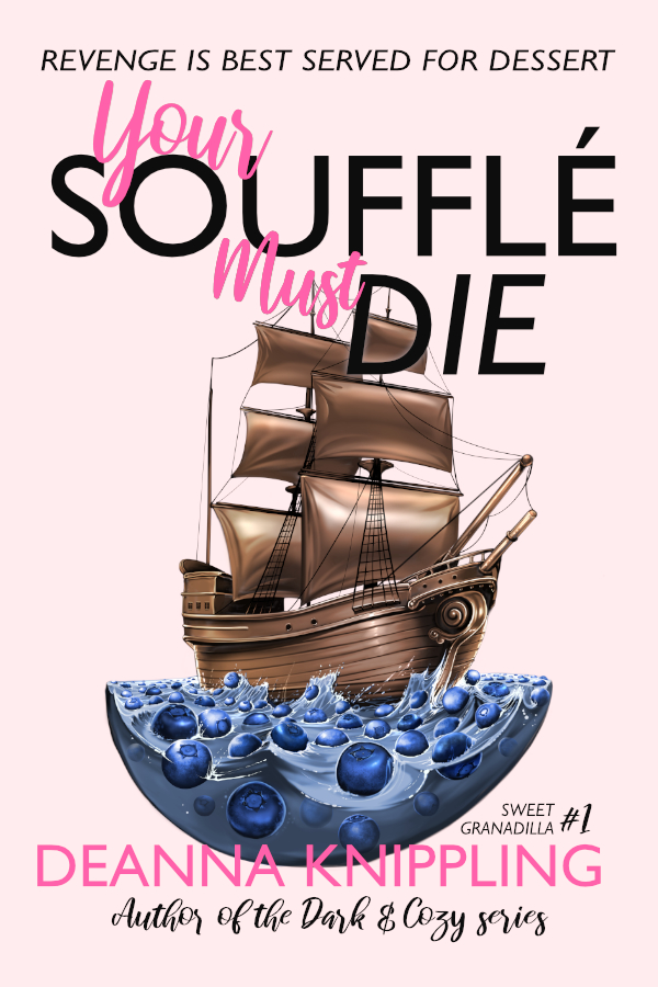 Cover image for Your Souffle Must Die by DeAnna Knippling; image of chocolate ship floating in a blueberry sea