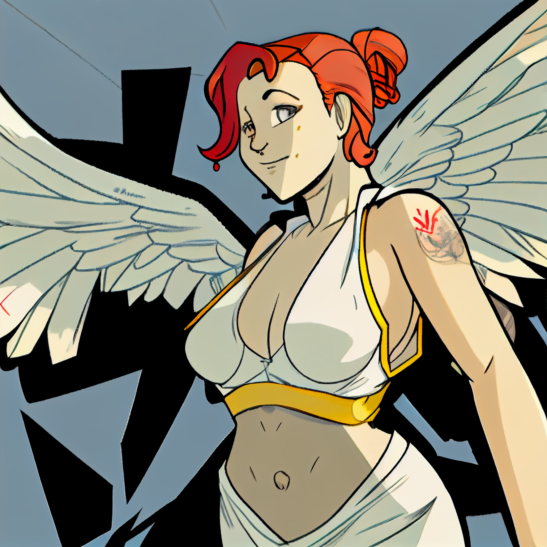 graphic novel short female bisexual character, high contrast, thin line, angular shape, skin made of gray stone, white draped greek robe tied with cloth, gold armbands, a struggle against fate, mischievous and bloodthirsty and revolutionary, lighthearted, golden apple, black wings, red hair