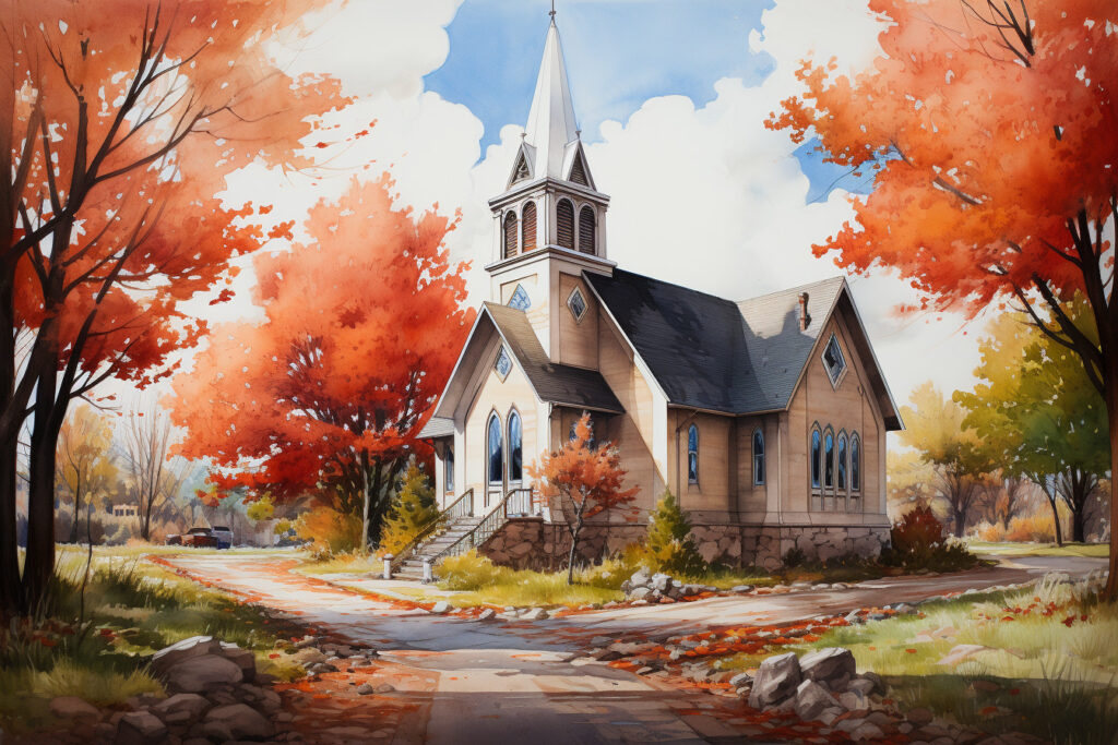 October 2023 Fiction Project Turning Leaves - image of a creepy white church