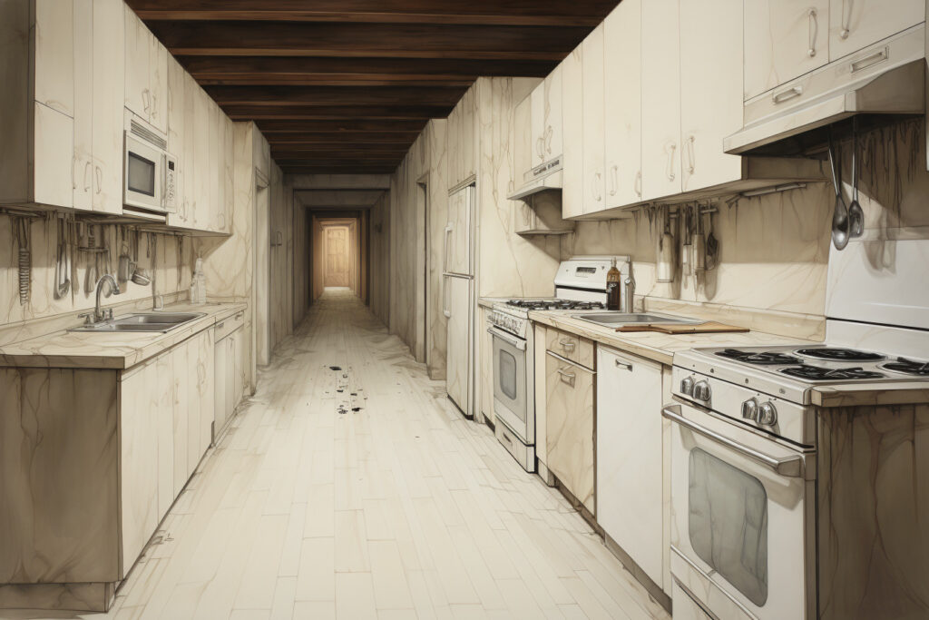 October 2023 Fiction Project Turning Leaves - image of a creepy white kitchen