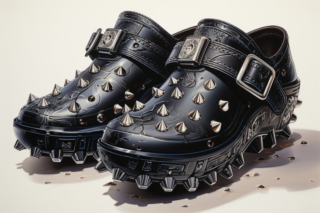 October 2023 Fiction Project Working Title: Turning Leaves - image: a pair of goth crocs
