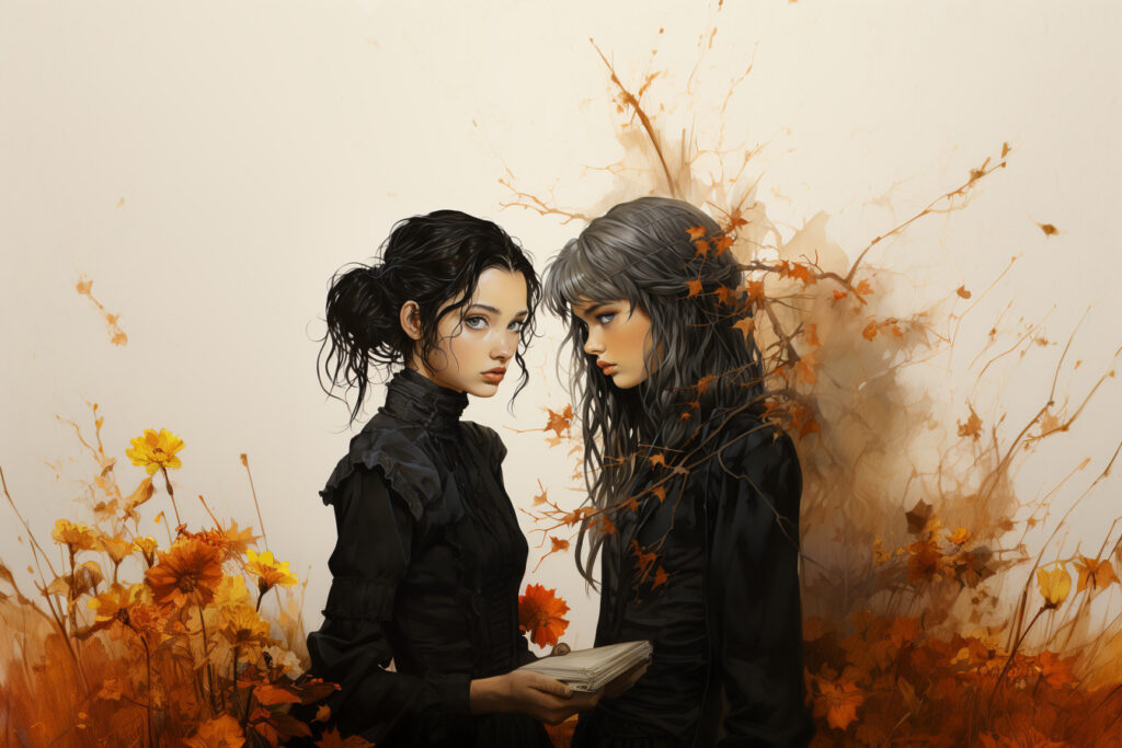 October 2023 Fiction Project - Turning Leaves - Image of two 12 year old girls dressed in black, one holding a book