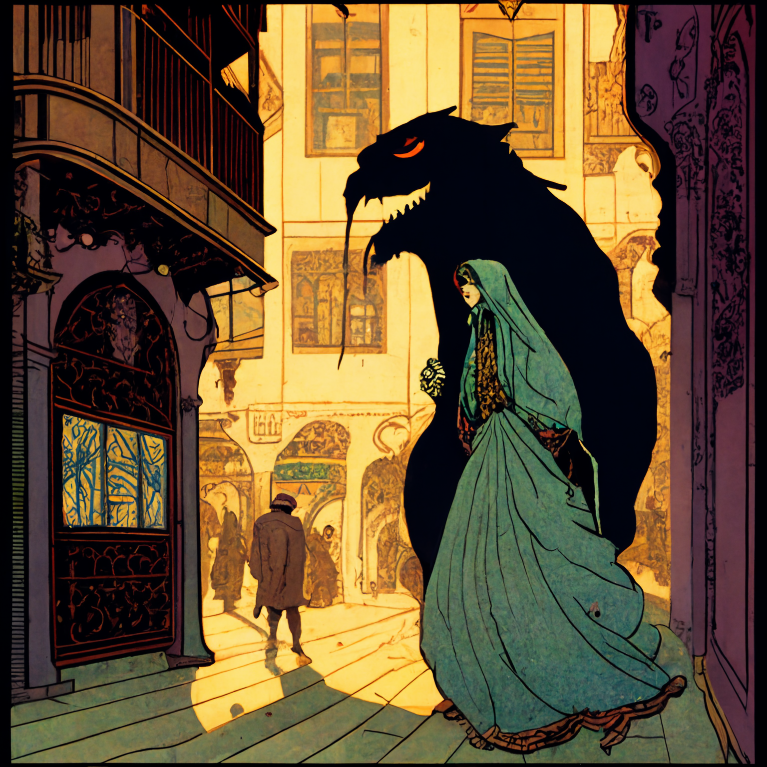 graphic novel setting, 1910, ottoman empire, istanbul, art nouveau, a thief who is light on her feet, a large monster with talents as a magician