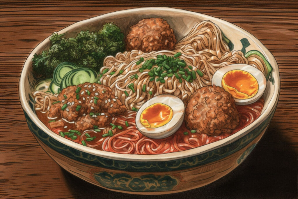 October 2023 Fiction Project Turning Leaves - image of ramen with meatballs