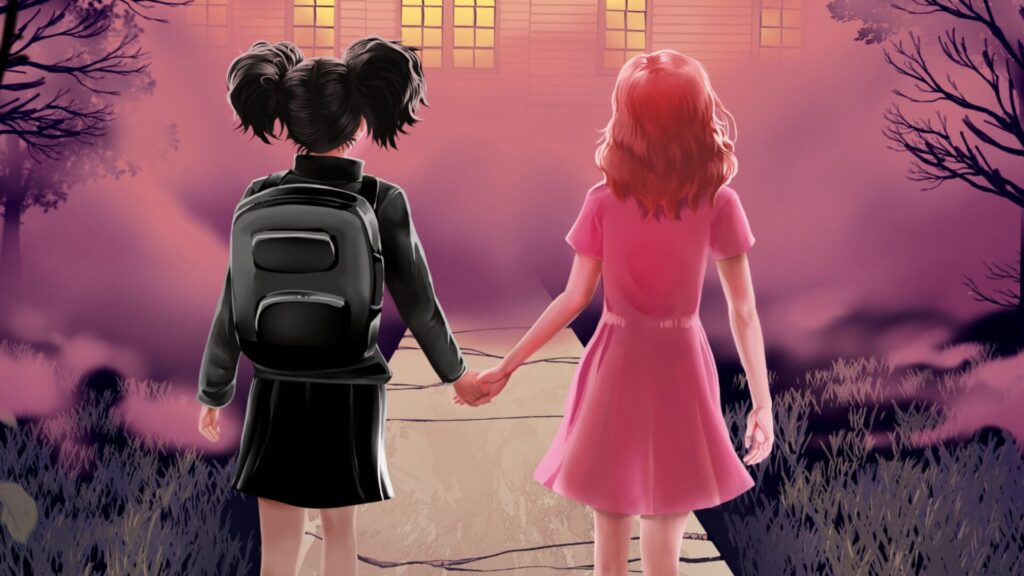 Witch House Blog Header - Two tween girls holding hands in front of a scary pink house.