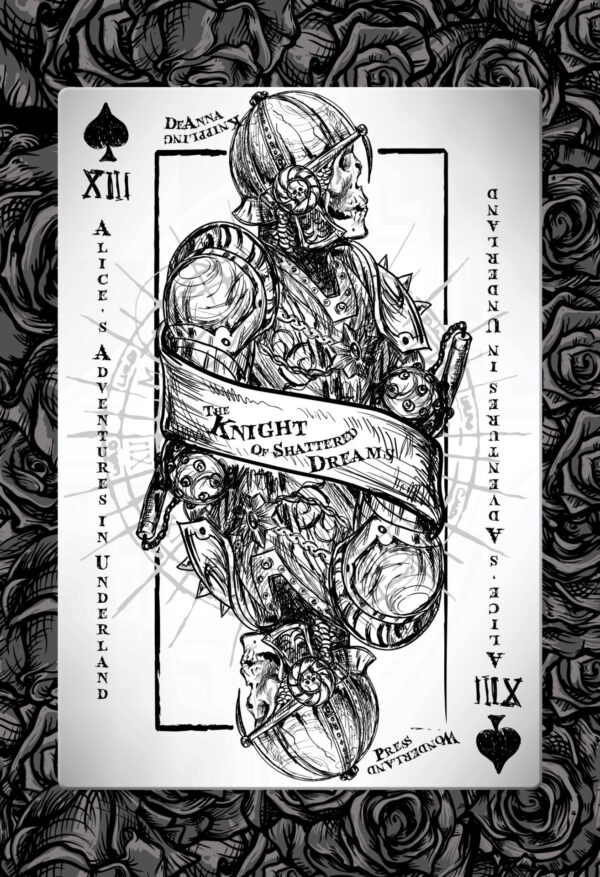 The cover of Alice's Adventures in Underland: The Knight of Shattered Dreams, by DeAnna Knippling. A playing card with an undead knight on it.