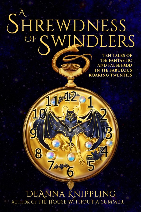 Cover for A Shrewdness of Swindlers by DeAnna Knippling; an Art Nouveau pocket watch with bats and pearls