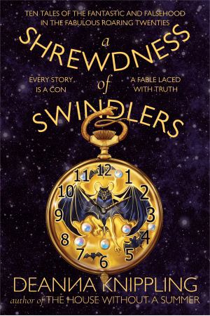 Cover image for A Shrewdness of Swindlers by DeAnna Knippling showing an image of an Art Nouveau pocket watch with bats and pearls.