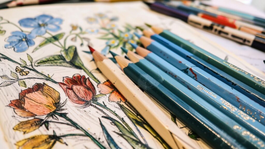 Cover image for mixed media journaling project post: colored pencils on an open notebook, showing images of flowers.