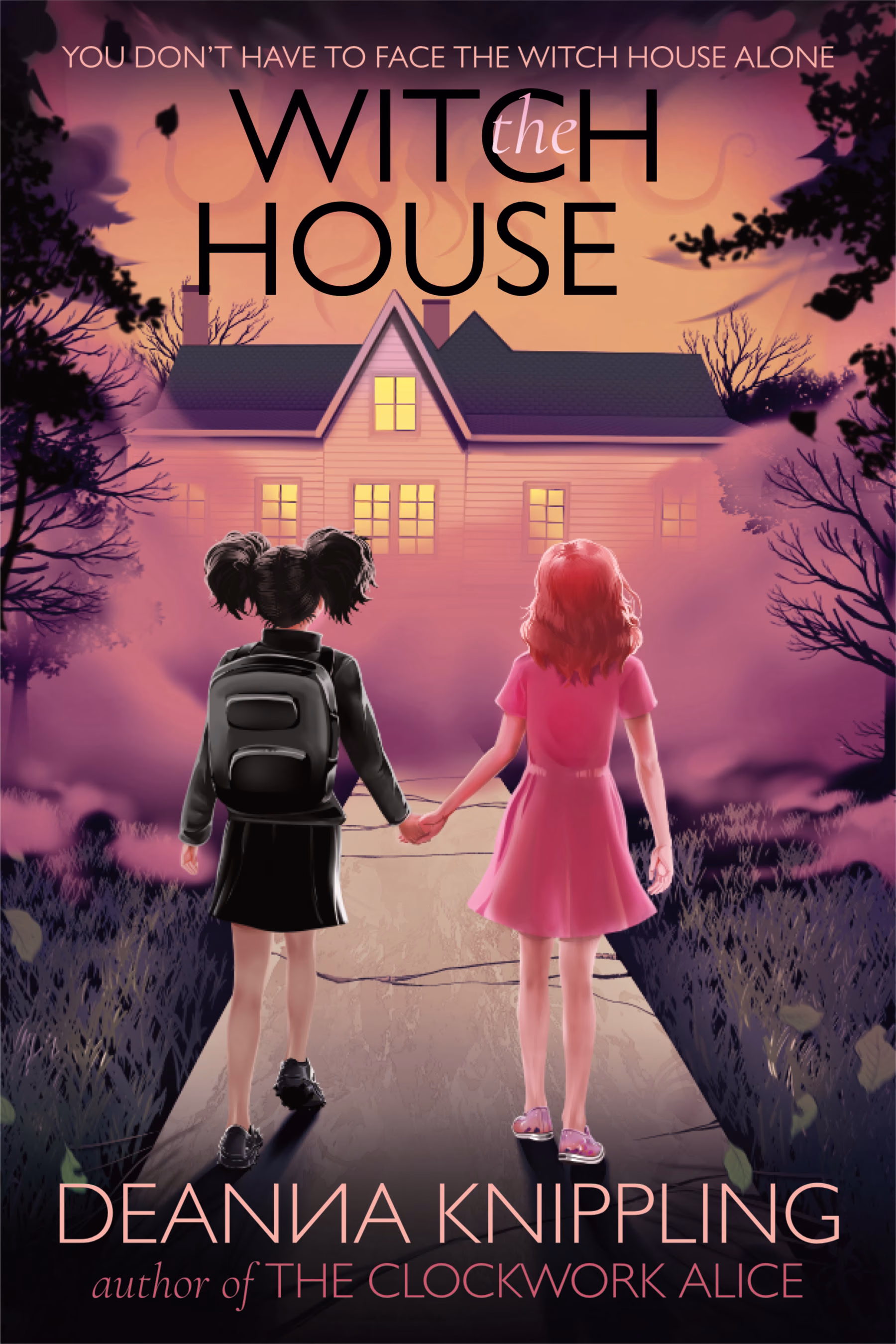 Cover image for the Witch House by DeAnna Knippling showing an image of two girls holding hands in front of a house.