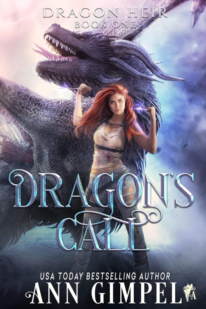 The cover of Dragon’s Call by Ann Gimpel, epic fantasy dragons: image of a fierce red-haired woman wielding magic, standing before a massive dragon with glowing eyes and misty surroundings.