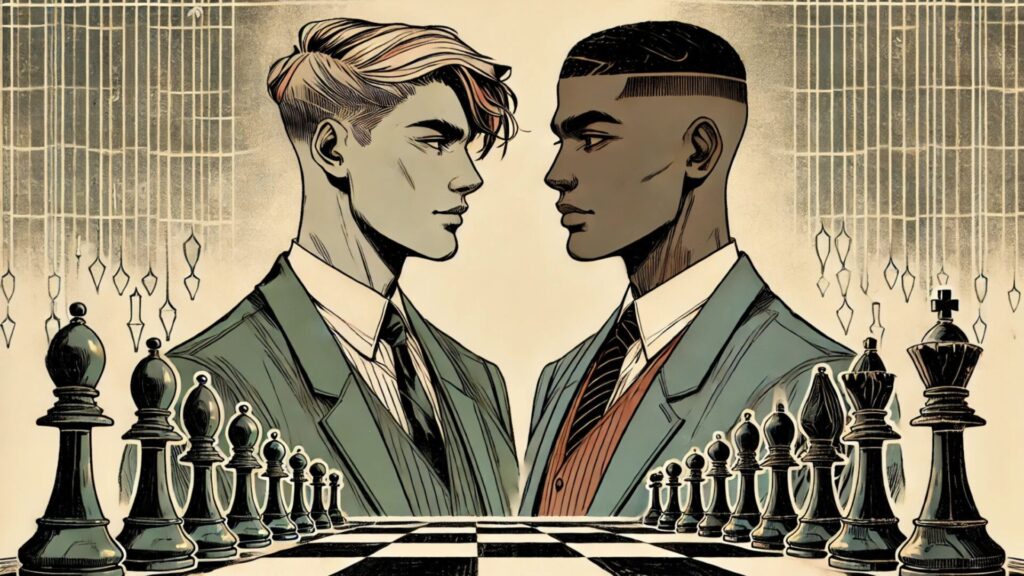 Illustration of two diverse, androgynous characters working together in a strategic setting, win-win thinking: image of collaboration under pressure on a chessboard floor.