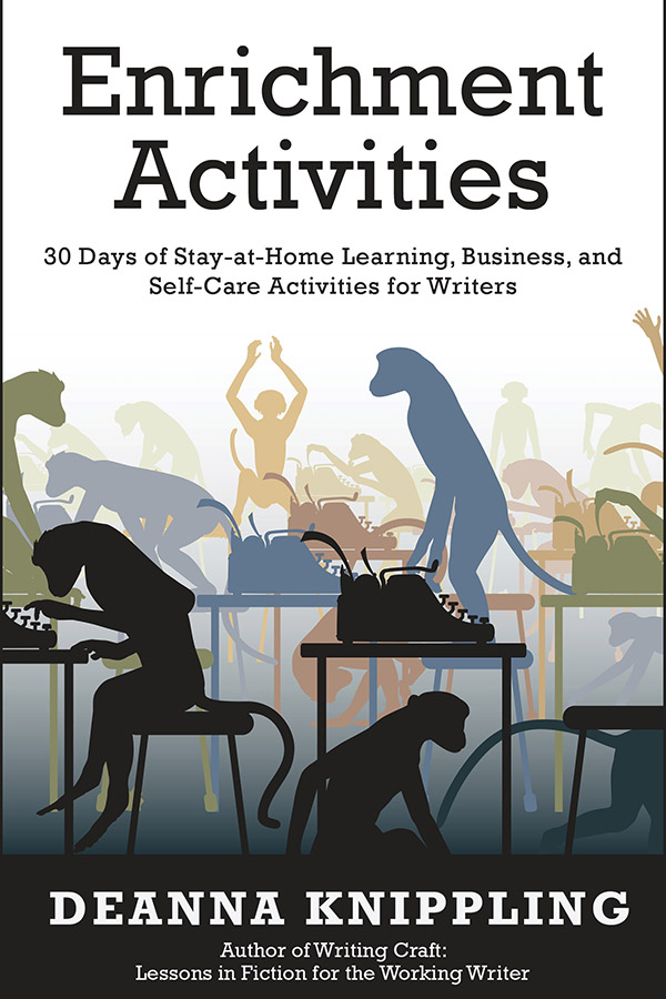 Cover of Enrichment Activities by DeAnna Knippling, featuring playful monkeys at typewriters and a bright, creative layout symbolizing writing prompts, journaling, and productivity.
