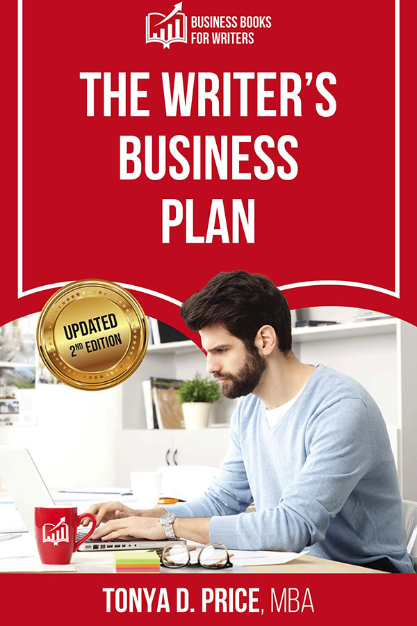 Cover of The Writers Business Plan by Tonya D. Price, featuring a man working at a laptop at a table, with professional design elements that reflect strategic planning and author career growth.