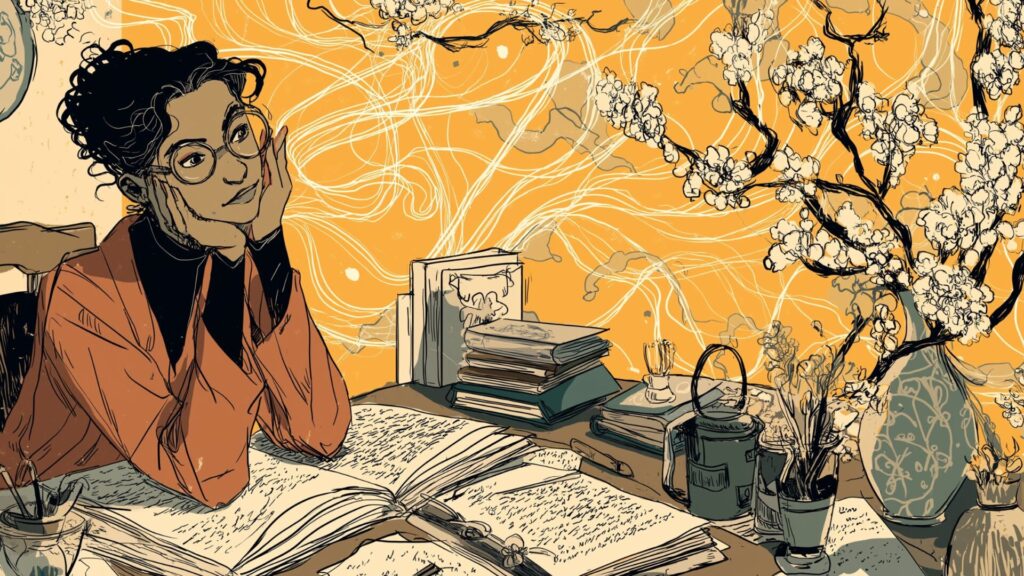 An illustration of a writer revising story pages thoughtfully, crafting meaningful details for emotional resonance.
