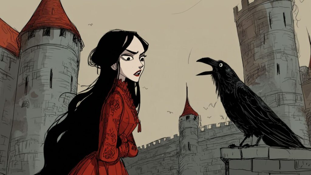 Illustration of a clever crow and a lady in red in a medieval fantasy castle setting, inspired by the free dark fantasy short story "The Carrying Crow and the Tale of the Two Gold Coins" by DeAnna Knippling