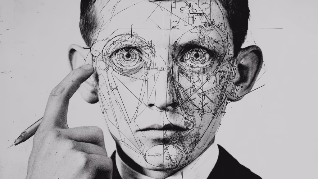 Featured image for an article on how to AI-Proof your writing, showing an unsettling man with his finger in his ear and lines of physiognomy drawn across his face