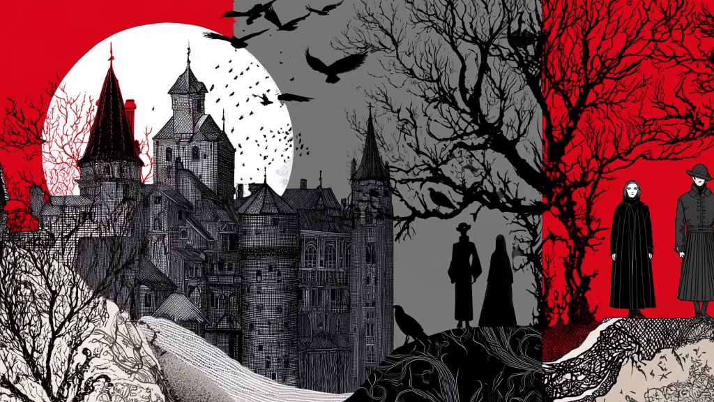 Blog header image for Modern Gothic Fiction blog article: Illustration in the style of modern Gothic fiction: a haunted castle under a blood-red moon, dark trees filled with crows, and shadowy figures in black cloaks evoking mystery and decay.
