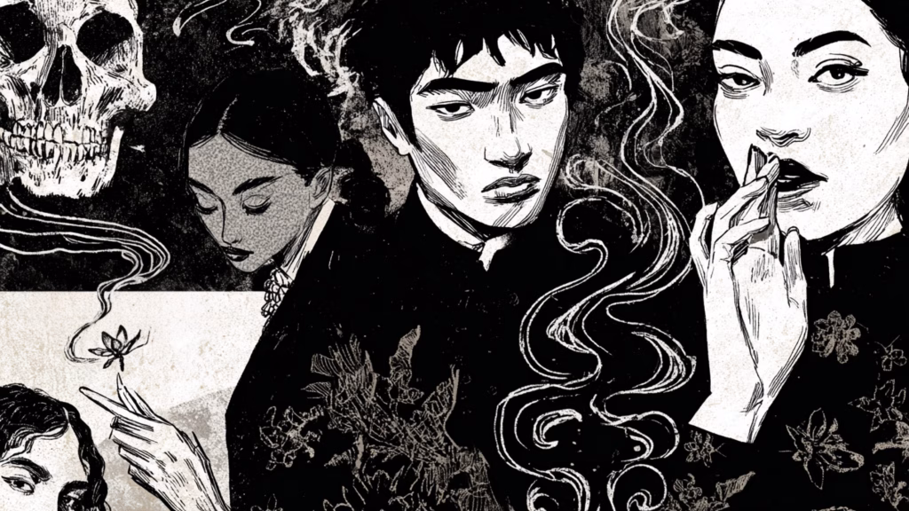 Blog Post Header for 100 Best Gothic Stories: a melange of characters from Gothic stories, tied together with mist and smoke