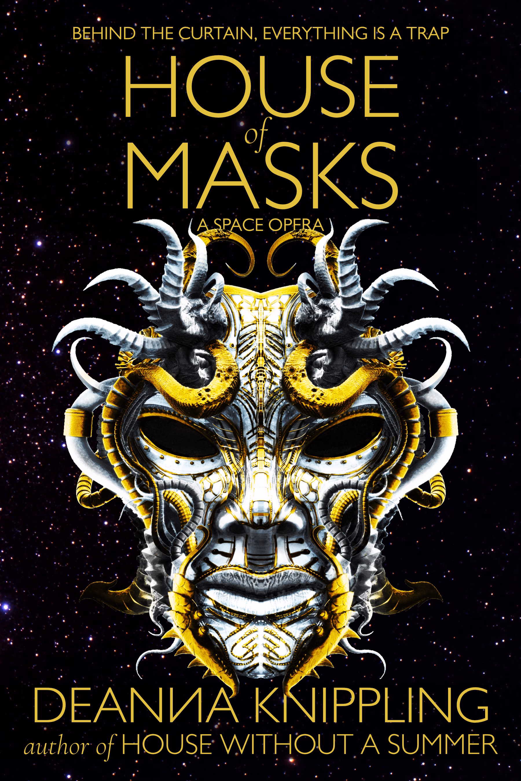 Cover image for House of Masks by DeAnna Knippling showing a horned white and golden mask hovering in space.