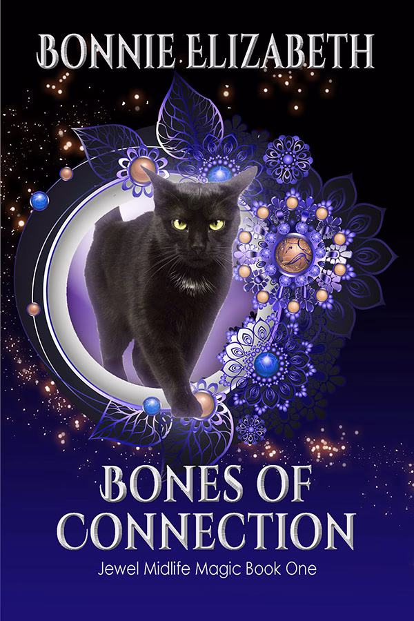 Cover for Bones of Connection by Bonnie Elizabeth, a tale with animal familiars, featuring a black cat stepping through a magical portal