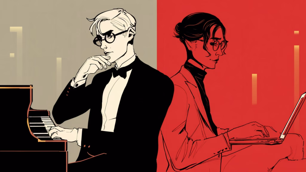 Blog header for Story Structure as Prelude and Fugue: Underpinnings in Music and Fiction: illustration of a musician with piano on the left and writer with laptop on the left