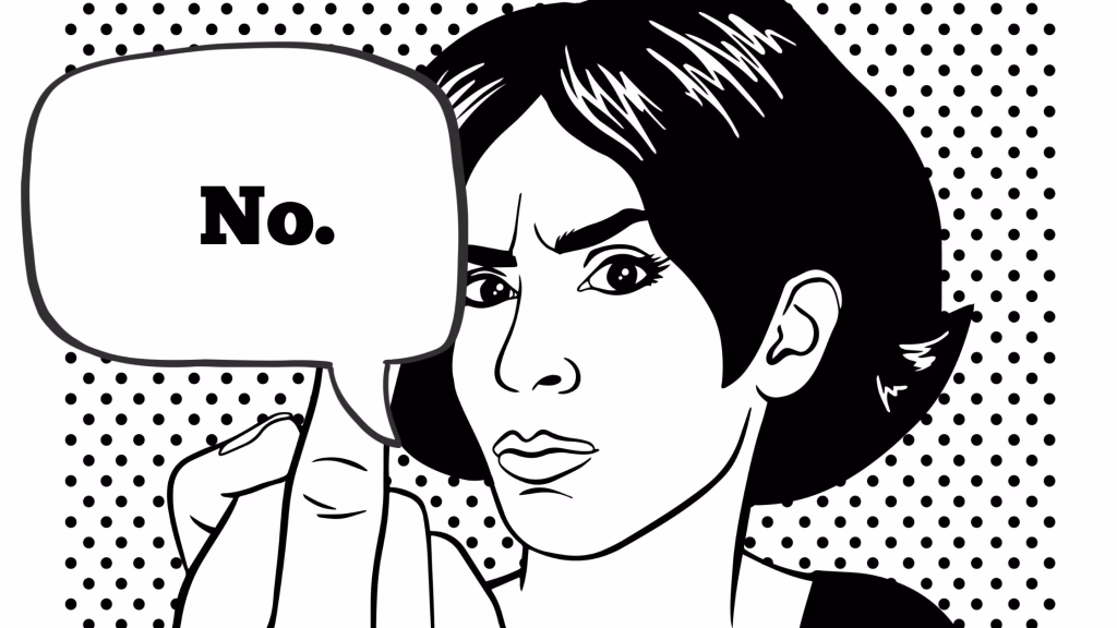 Cover for the Asshole Mitigation Plan blog post series: a black and white pop art woman holding up a middle finger covered by a speech bubble reading "no."