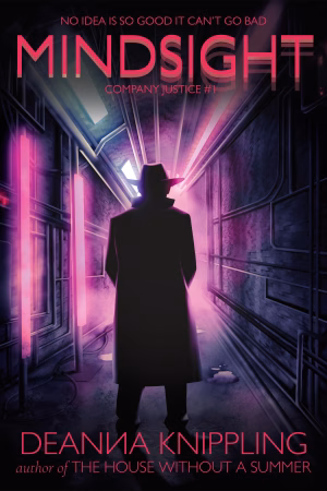 Cover image for Mindsight by DeAnna Knippling showing a silhouette of a man in a trench coat in a neon lit tunnel.