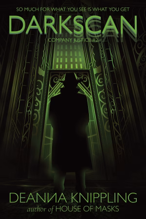 Cover image for Darkscan by DeAnna Knippling showing a silhouette of a man in a trench coat in front of a large ornate green door.