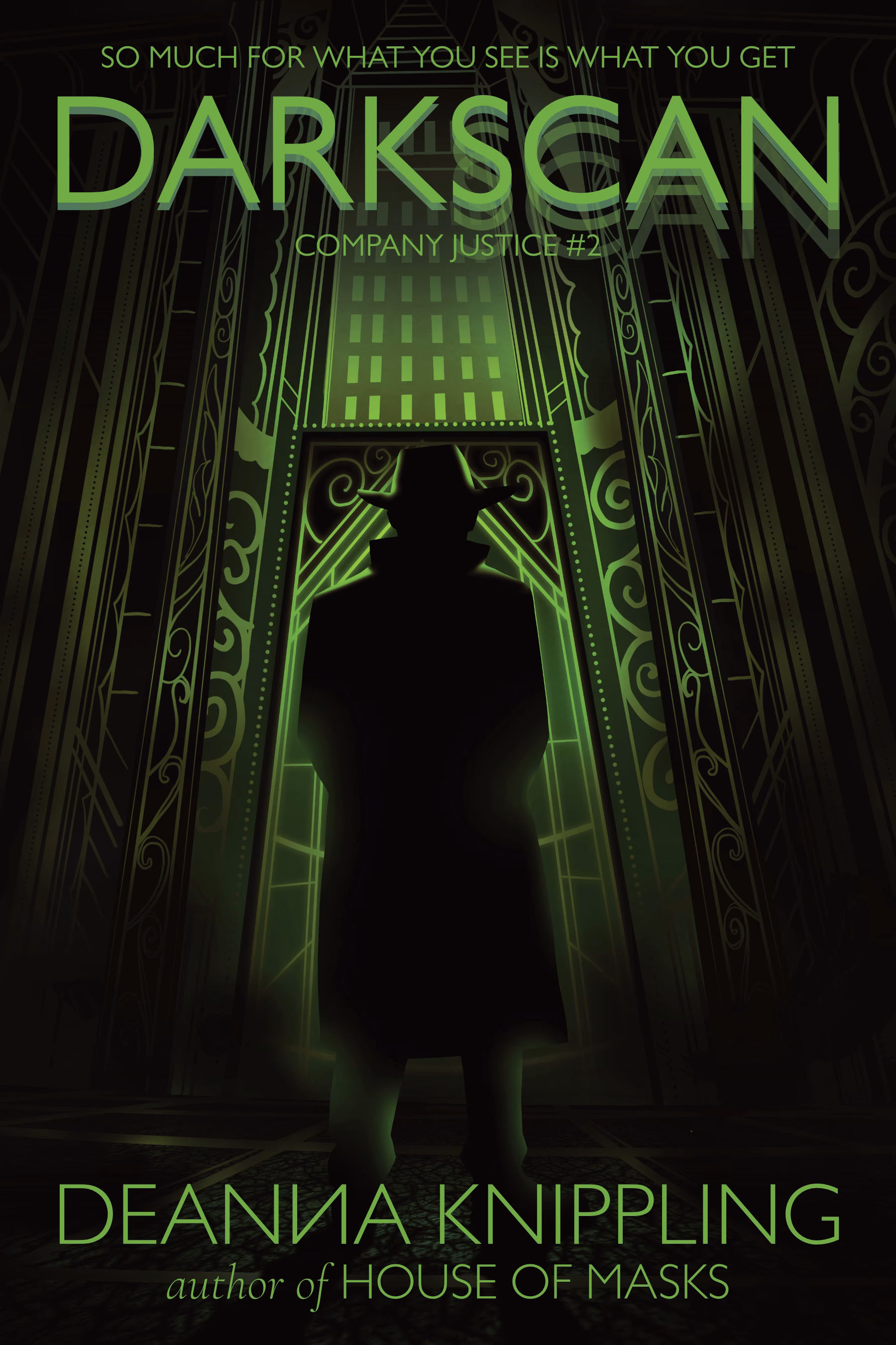 Cover image for Darkscan by DeAnna Knippling showing a silhouette of a man in a trench coat in front of a large ornate green door.