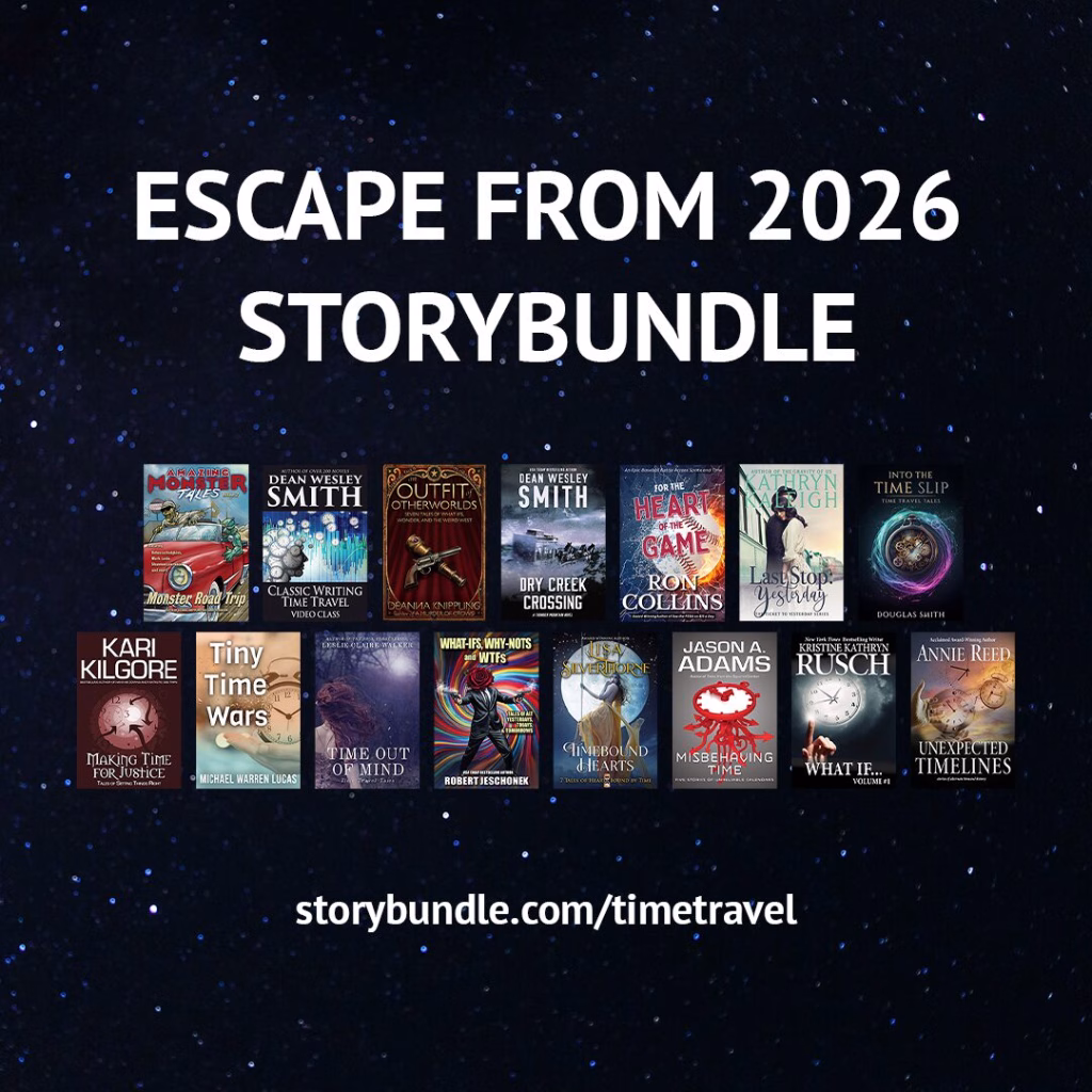 Featured image for a book bundle about time travel and alternate history, starry background with book covers on it