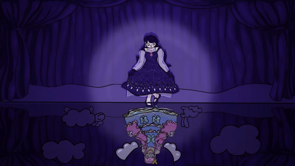 Header image for A Villainess's Downfall into Erasure by Rachael Kenyon showing an image of two figures standing on a stage as reflections of each other. One figure is dressed in a darker dress, and the other is dressed in pastels and fake angel wings. Both figures are curtsying.