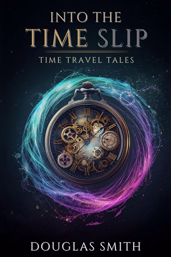 Book cover for Into the Time Slip by Douglas Smith, a time travel short story collection, image of strange pocket watch swirling with plasma effects