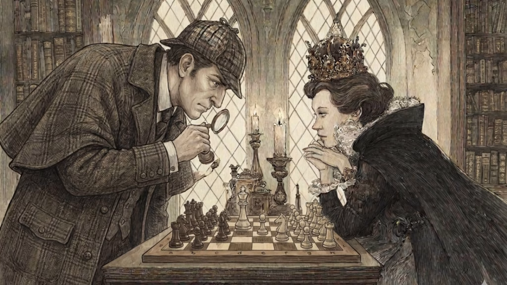 Blog post header for article on theme for fiction writers, image of Sherlock Holmes playing chess with an evil princess villainess