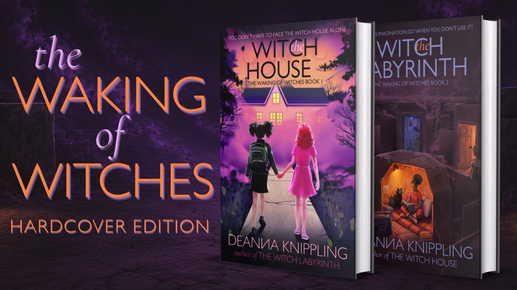Cover of two middle grade horror witchstarter novels on kickstarter, mysterious yet pink