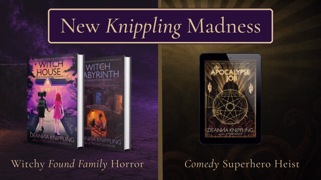 Both covers of The Waking of Witches series and The Apocalypse Job novel
