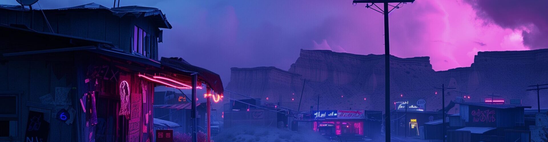 Wonderland Press cover image: an image of a border town with pink and blue neon lighting