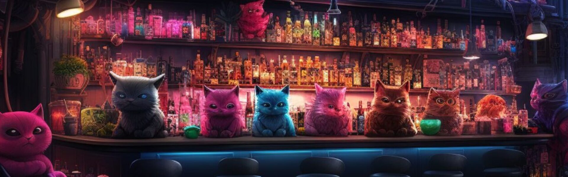 Wonderland Press - Futuristic Speakeasy Website Header - Glowing cats above a bar full of neon drinks