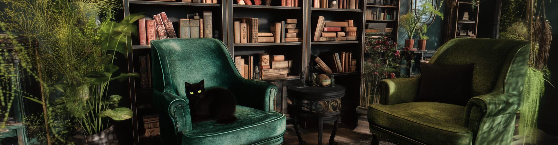 Wonderland_Press_cat Wonderland Press cover image: an image of a library with a large amount of plants and a cat sitting in an armchair.